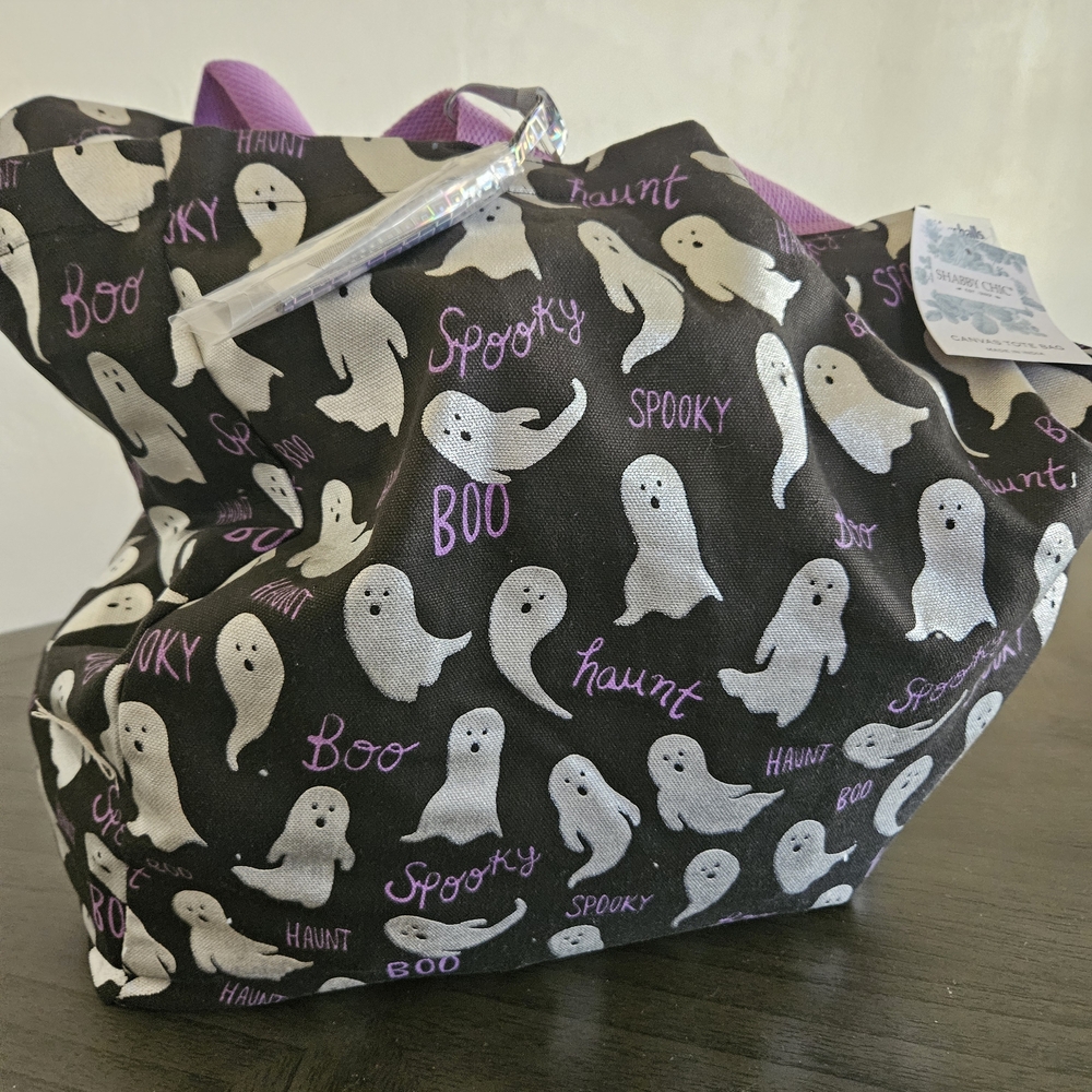 Shabby Chic Ghost Print Tote Bag - Black, White, Purple